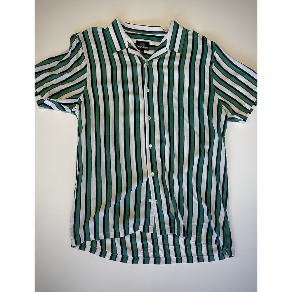 THREADBARE GREEN WHITE BLACK Striped Button Up Shirt Size L